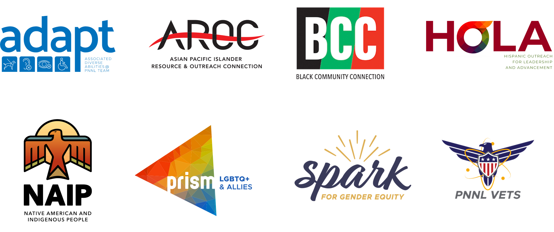 Logos of ERG groups: ADAPT, AROC, BCC, HOLA, NAIP, Prism, Spark, and PNNL Vets