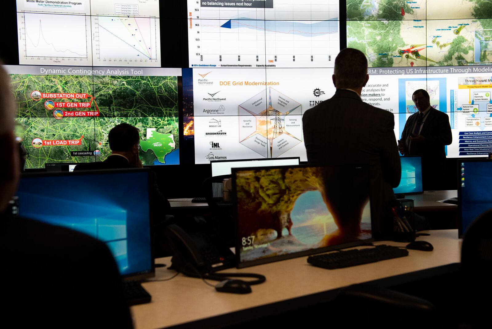 Researchers discuss the power grid in an electrical control room