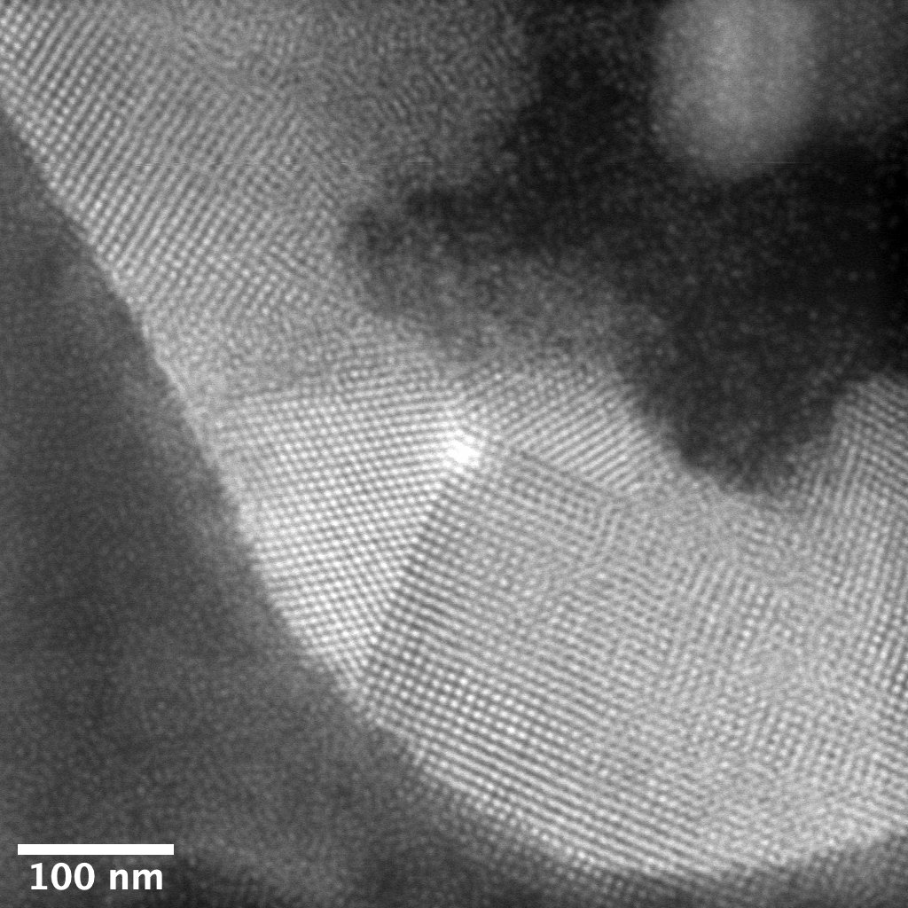 Grayscale transmission electron microscopy image of an assembly of nanoparticles on peptoids