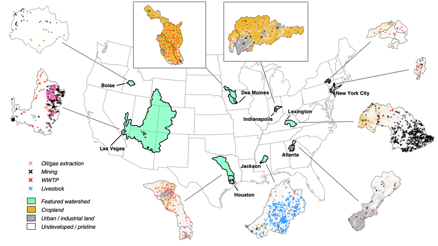 A map of the US showing different cities, their source watersheds, and potential sources of water contamination.
