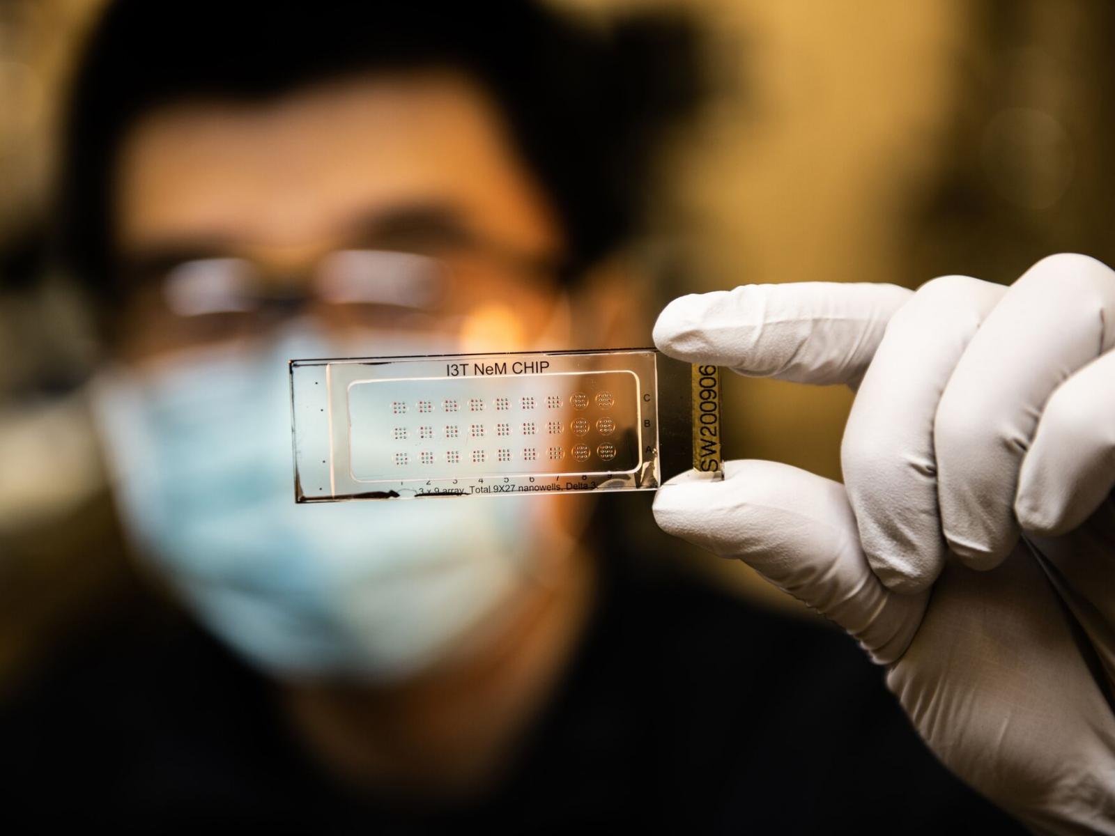 Analytical chemist holds a nested nanoPOTS chip