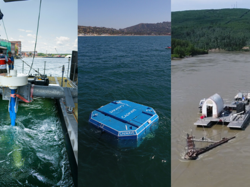 Living Bridge Project tidal turbine (left), CalWave xWave wave energy converter (middle), and Tanana River Test Site barge (right)