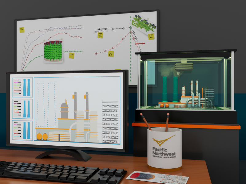 Illustration showing multiple screens with data and a model of power plant stacks
