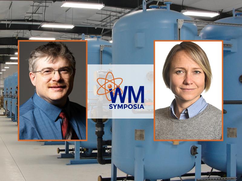 Composite image featuring photos of award-winning paper authors Christian Johnson and Inci Demirkanli, and the Waste Management Symposia logo.