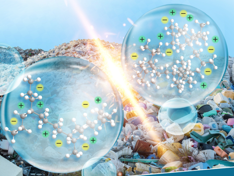 Illustration showing a zap with molecules inside water spheres on top of a background photo of a pile of plastic.