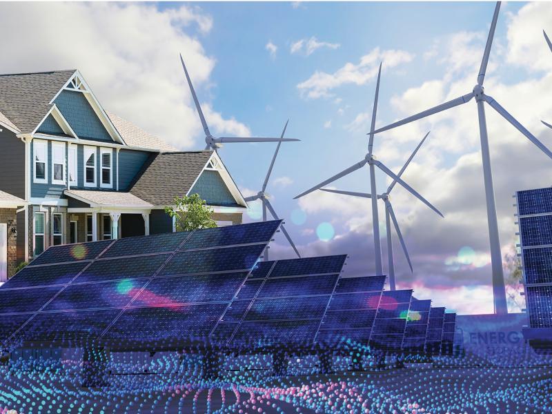 Houses and different energy sources like windmills, solar, and storage.