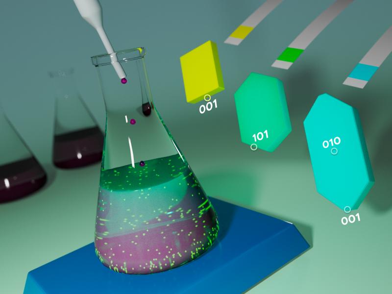 Illustration of a solution being pipetted into a flask with crystals in the background