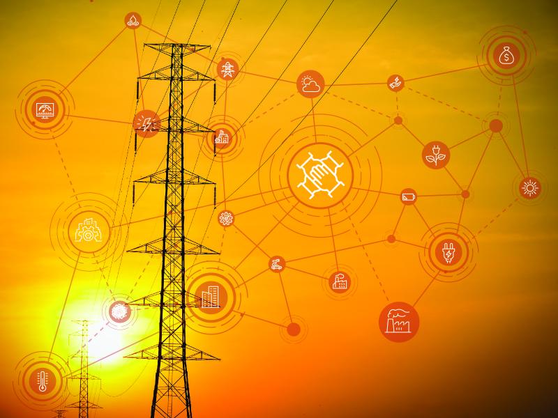 An image of a transmission line against a sky colored orange from the setting sun is visible beneath a transparent overlay of interconnected icons.