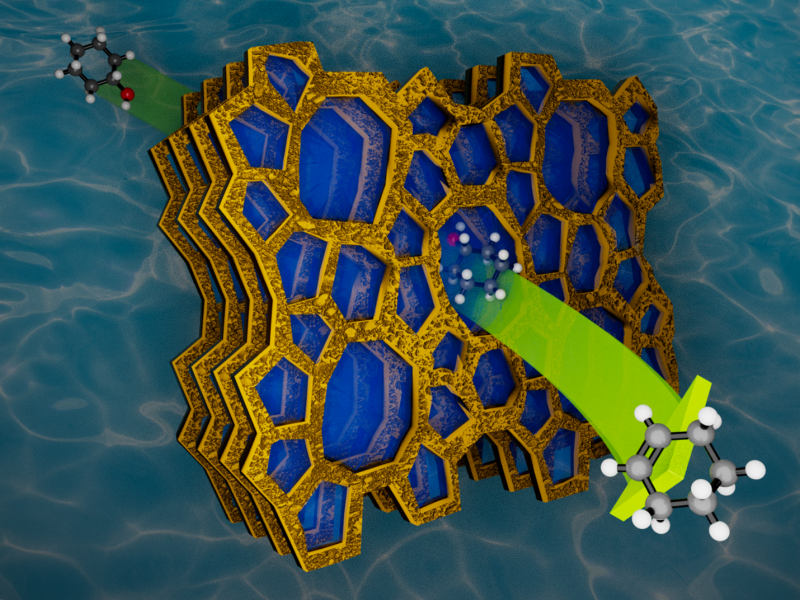 Illustration showing a molecule passing through a porous zeolite structure