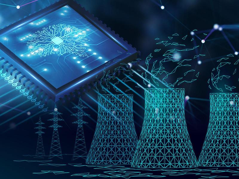 Digital image of pylons and power plants composited upon a computer chip
