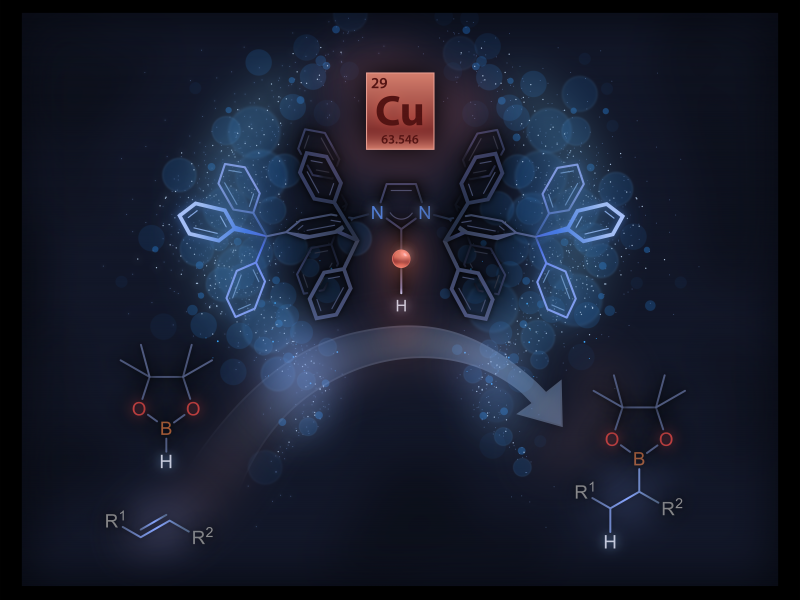 Stylized illustration of copper hydride monomer on a dark background 