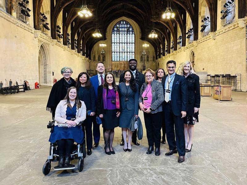 A group of eleven people in professional dress are pictured in the main hall of the UK House of Commons 