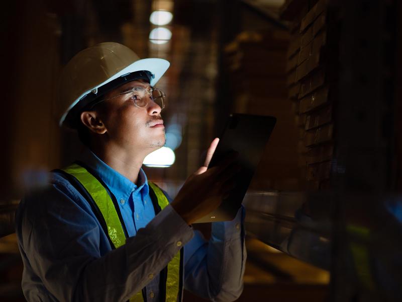 A man in a yellow vest and hard hat, working at night, inspects something out of view, his face illuminated by a nearby tablet.