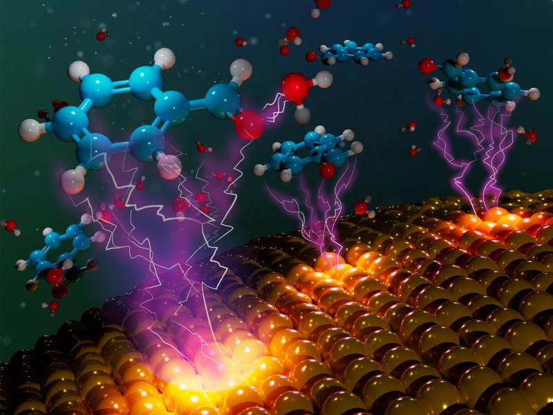 Artistic representation of electrocatalysis at a surface, with bolts of electricity shooting from the stylized surface to molecules