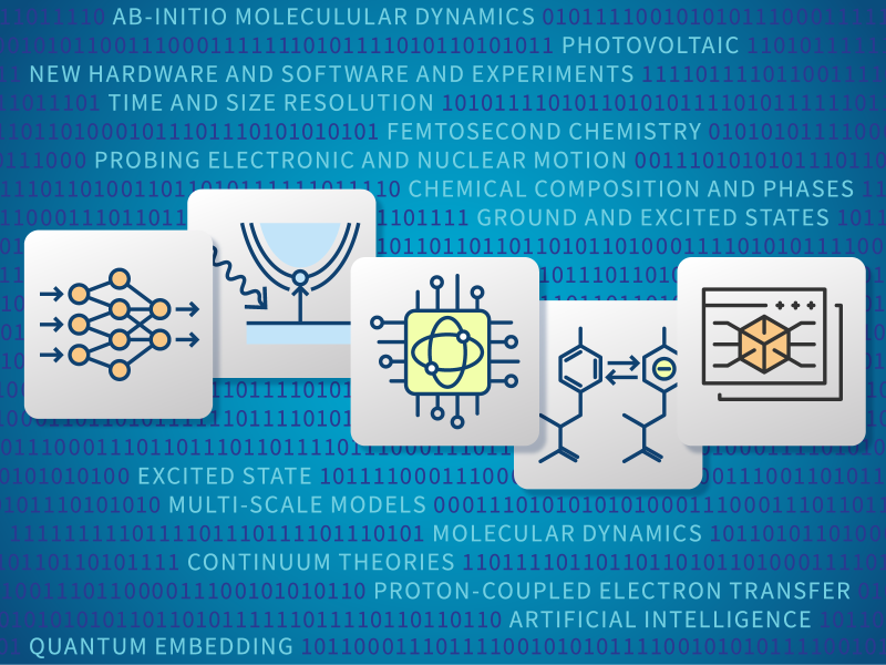 Digital icons on a cyber-themed background, representing computational chemistry workflow