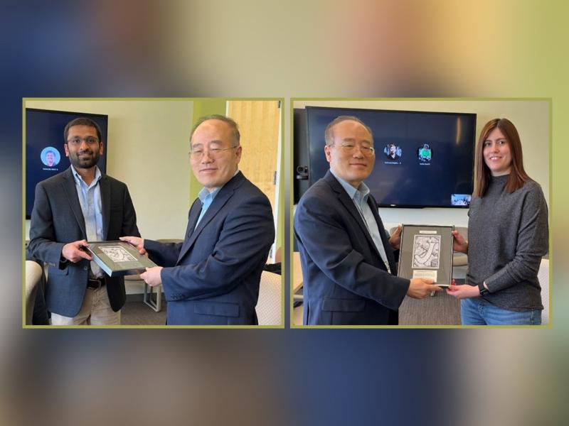 Composite image featuring two photos of Dr. Young Ham presenting the Joule Award to members of the PNNL UCVS and IFAS teams.