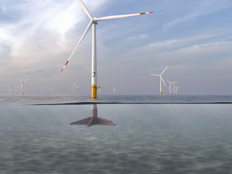 A floating wind turbine anchored to the ocean floor.