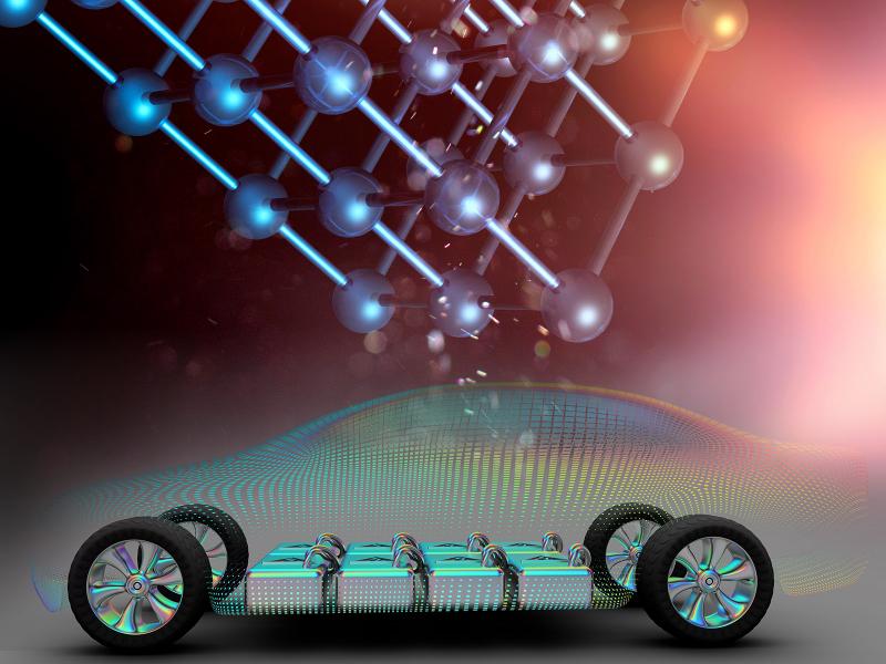 A diagram of a molecular structure at the top of the image touches a futuristic looking model of a car.