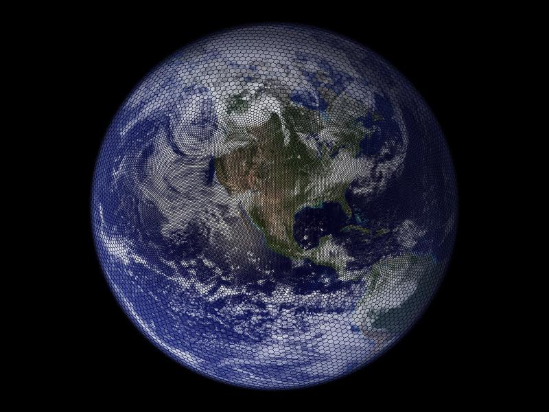 The Earth with a black grid mesh as an overlay.