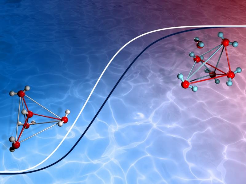 Illustration of two different water structures atop a background that looks like red and blue water