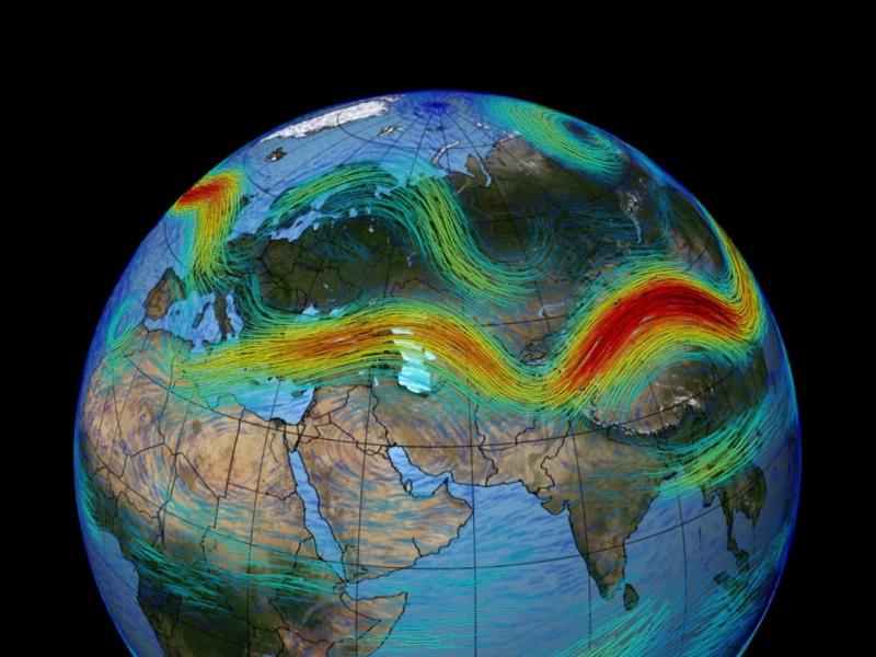 Image of the globe with generated multicolored lines that represent atmospheric patterns