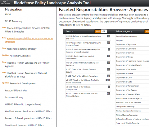 Biodefense Policy Analysis Landscape Tool screenshot