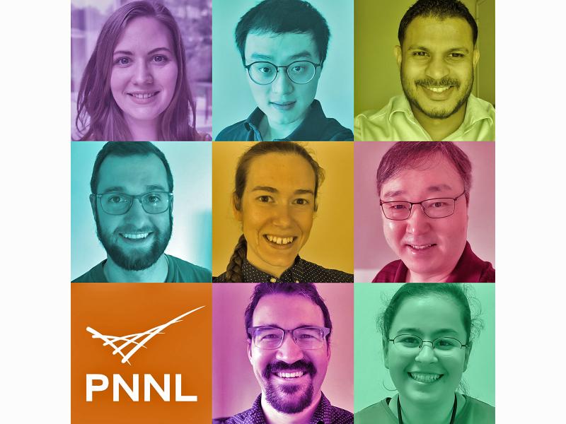 collage of eight postdoctoral researcher and the PNNL logo