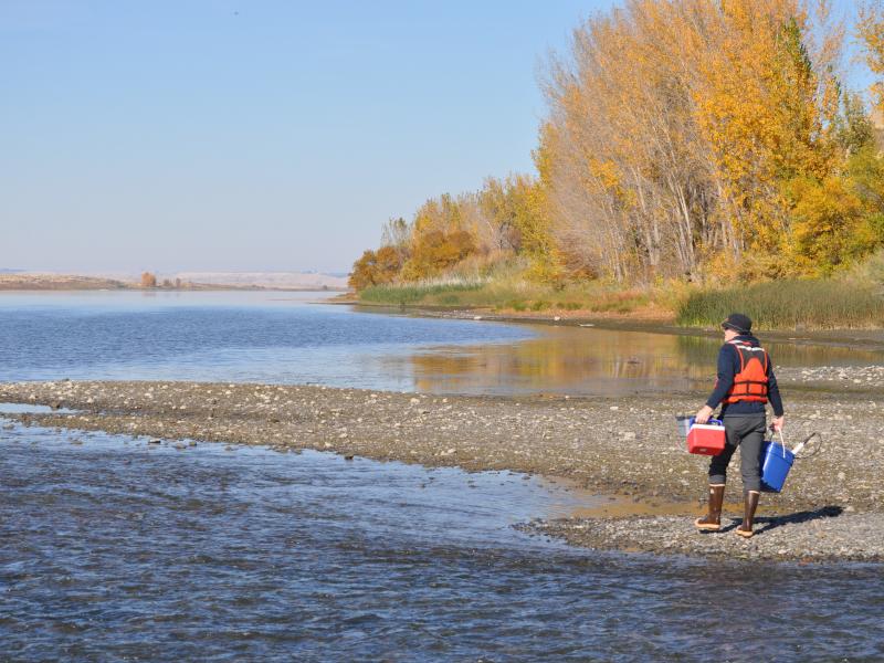 person wearing a life jacket and rubber boots walking along a rocky riverbank carrying a cooler