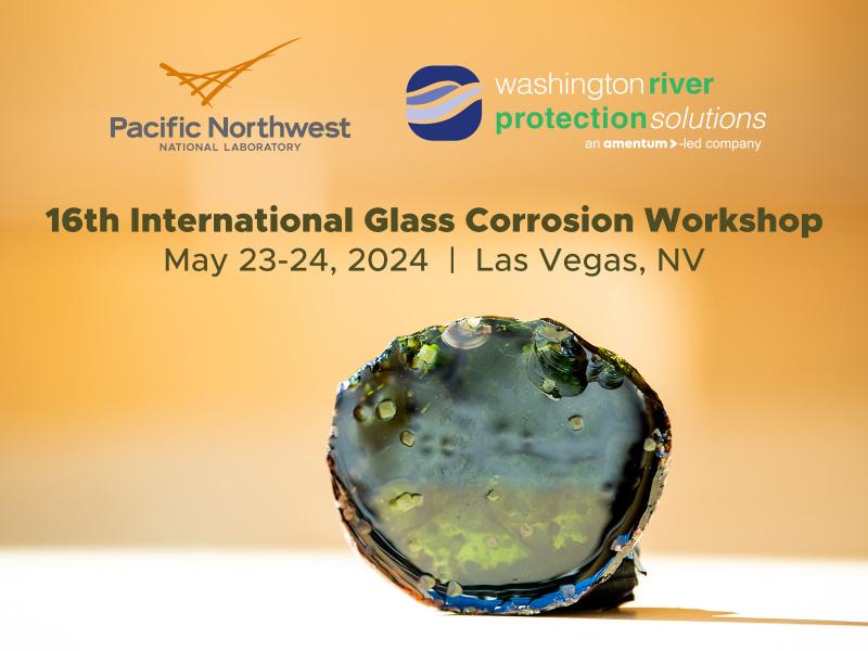 A iridescent green piece of research glass is on an orange background with the PNNL and WRPS logos.
