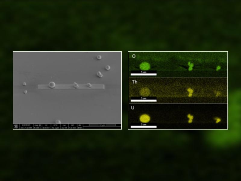 Two images, side-by-side, comparing custom microparticles that appear when scanning electron microscopy and energy dispersive X-ray spectroscopy images of the microparticles and the uranium and thorium content.