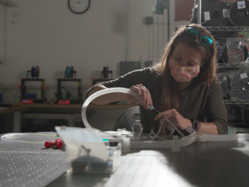 Mechanical engineer Michelle Fenn helped design custom single-use ventilator ports using additive manufacturing techniques
