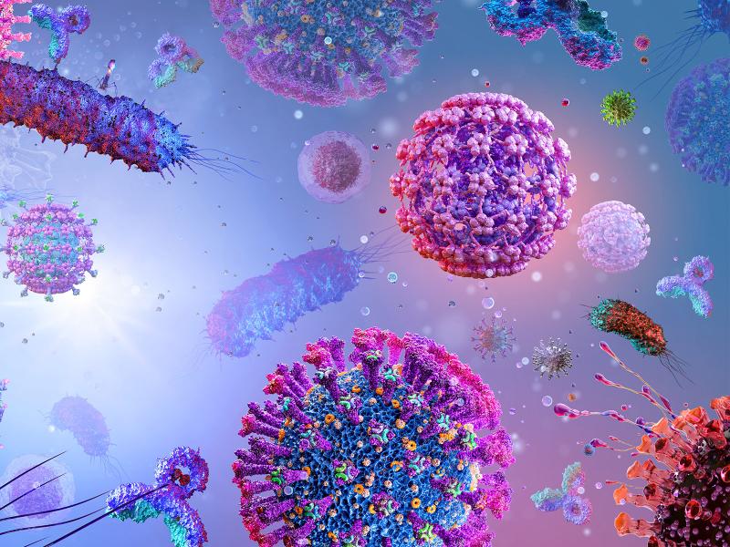 Multiple viruses and bacteria in a colorful illustration